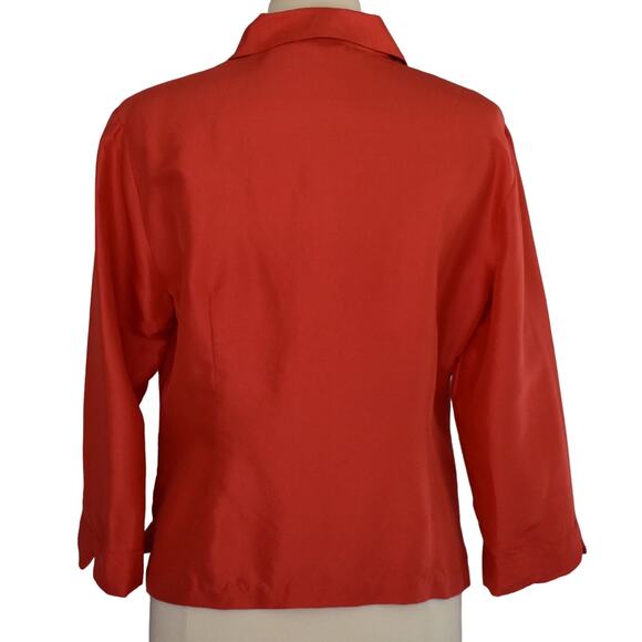 90s Dupioni Silk Blouse, Bracelet Length Sleeve Blouse, Red Minimalist Shirt, L - Picture 5 of 6